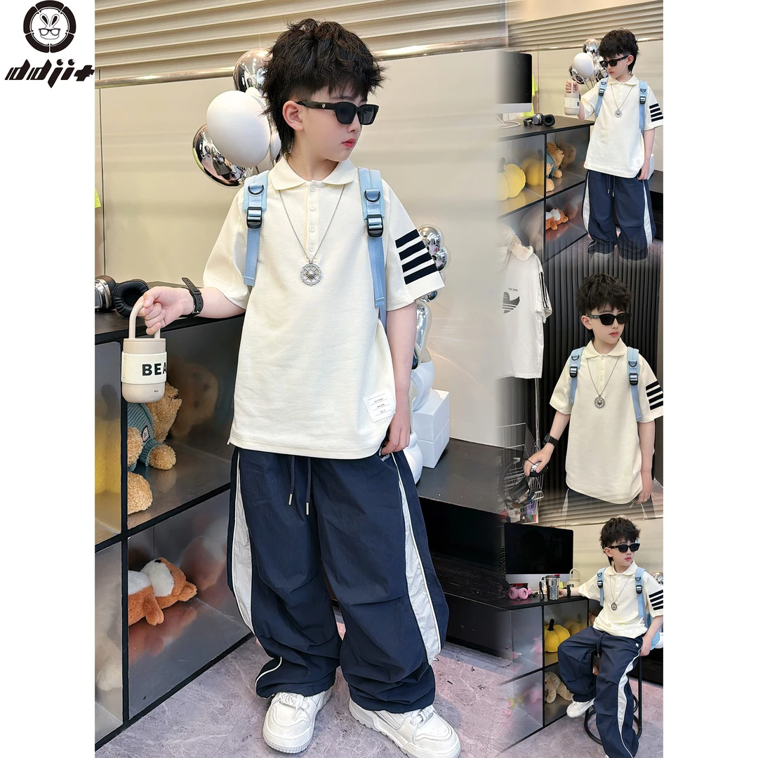 蛋蛋家【 财阀少爷】夏款时尚街头男童奶黄色四条杠polo短袖T恤