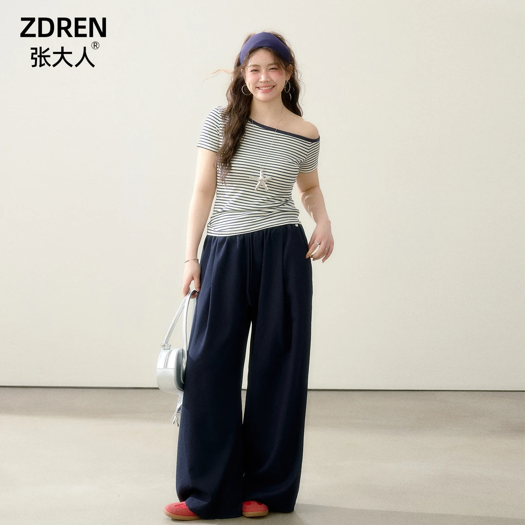张大人【条阔轻风】大码女装胖妹妹辣妹斜肩修身条纹短袖宽松阔腿裤