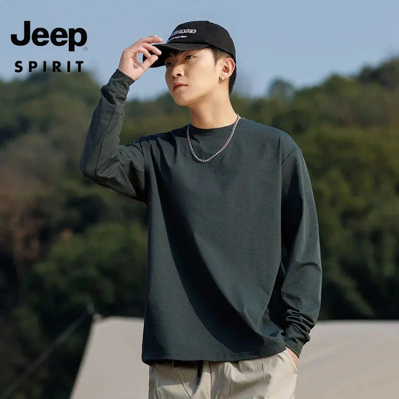 吉普JEEP SPIRIT圆领内搭男秋冬纯色运动男士拼接T恤百搭休闲卫衣
