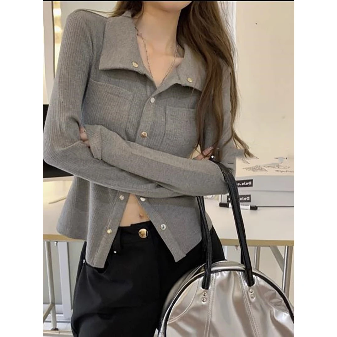 2025polo领长袖T恤女冬季设计感灰色修身设计感雅秋冬款开衫毛衣