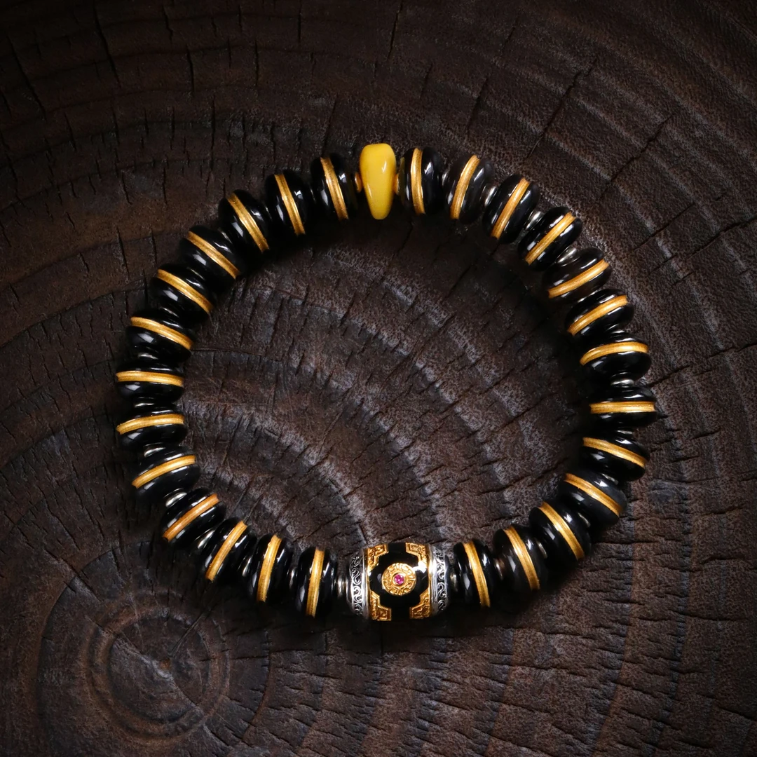 925银手链 大头姐S11310 红锆几何桶珠金丝线曜曜黑珠手链