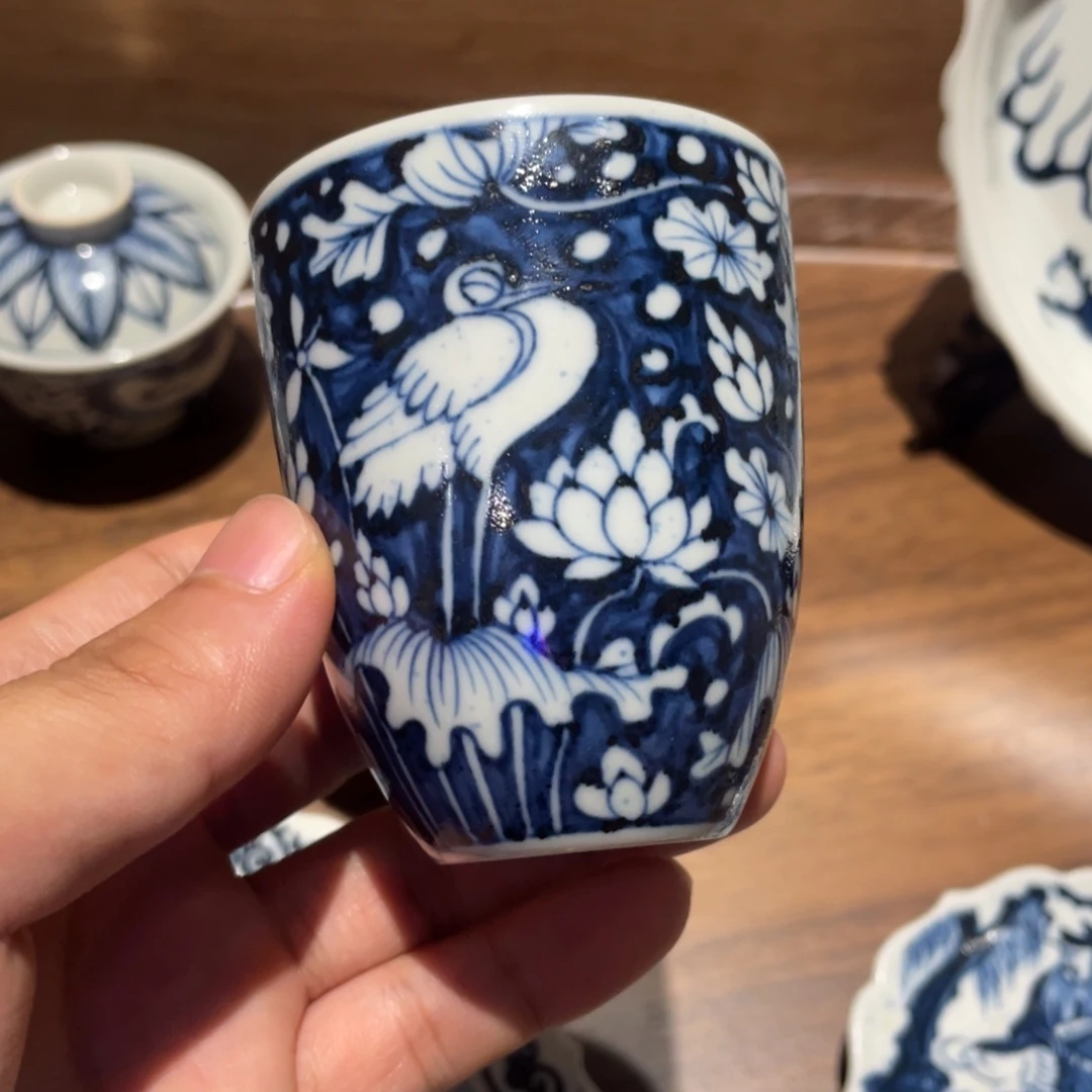 景德镇纯手工纯手绘一鹭撒蓝手雷杯