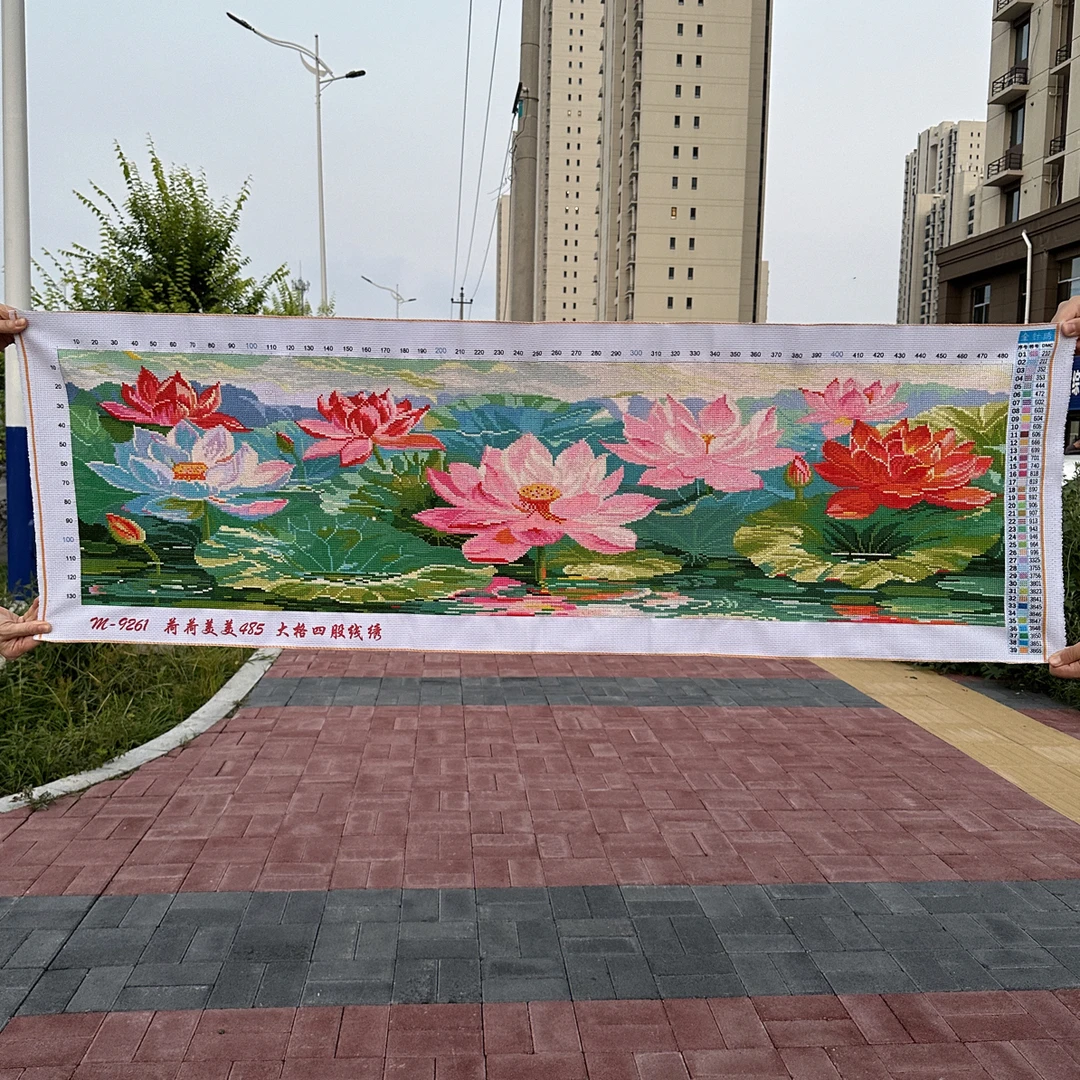 1.45米纯手工十字绣成品荷荷美美风景花卉荷花客厅卧室145×50