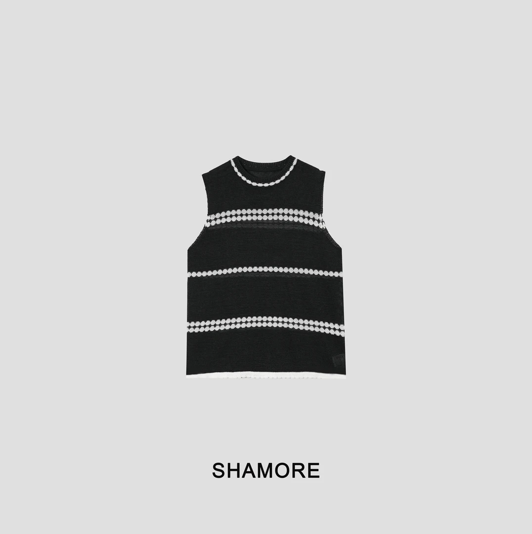 SHAMORE「优雅自持」法式修身显瘦无袖圆领拼接T恤上衣SM0086