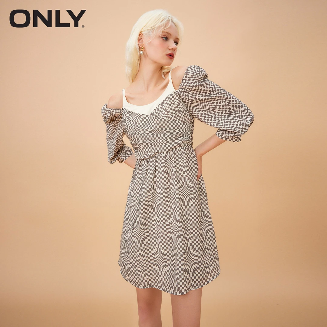 ONLY秋季新款格纹肩部可调假法式收腰假两件连衣裙女|122307079