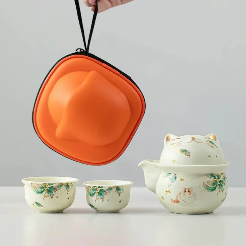 G498-萌趣汝窑桂花波斯猫一壶三杯旅行茶具