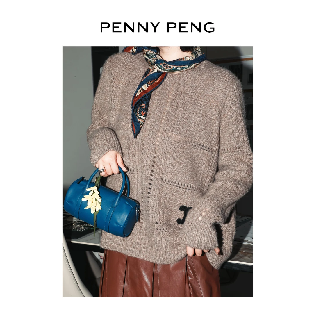 PENNYPENG织韵紫标系列秋冬慵懒驼色圆领羊绒保暖套头衫针织上衣