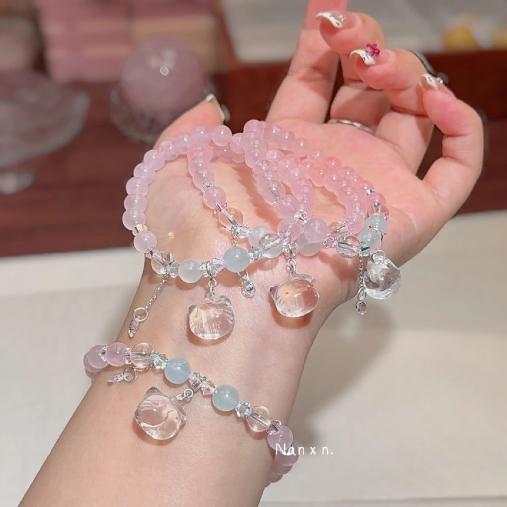 【童话小镇】天然粉水晶 海蓝宝白水晶 kt手链 S925银配 N1017