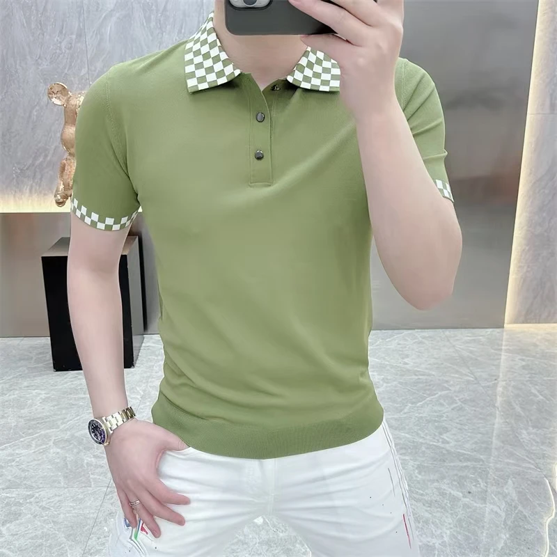欧洲站男士夏季爆款轻奢高品质冰麻针织气质时尚翻领polo短袖213