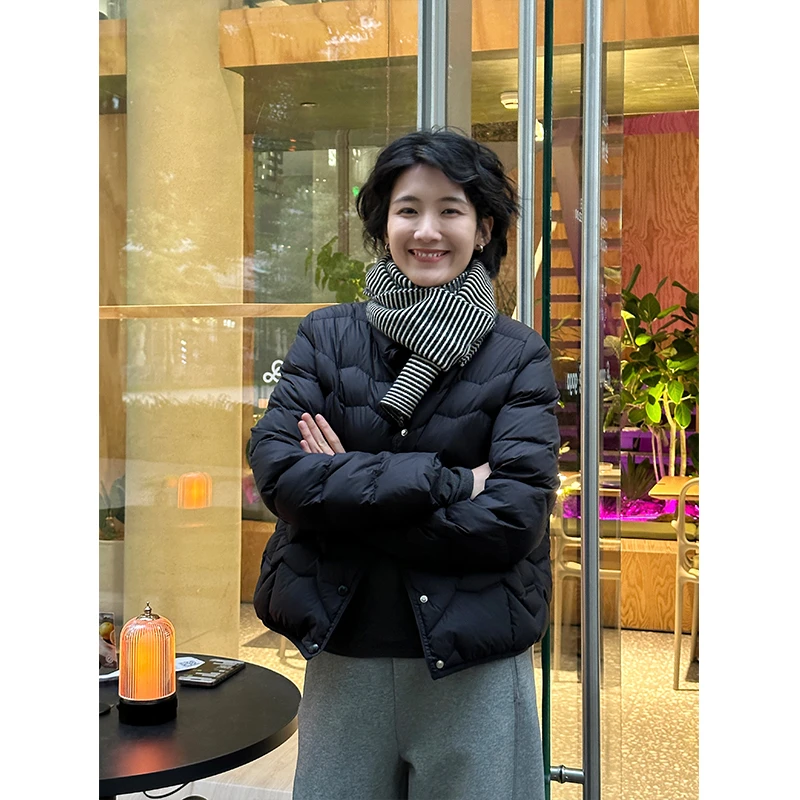 LANGQING 黑色轻薄立领白鸭绒加绒保暖休闲羽绒服42838#