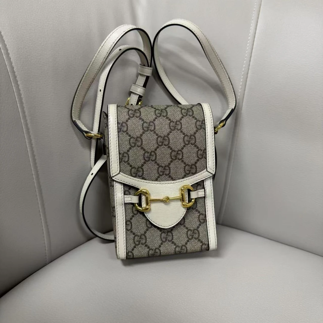 95新 GUCCI/古驰 古驰手机包马衔扣白老花斜挎包