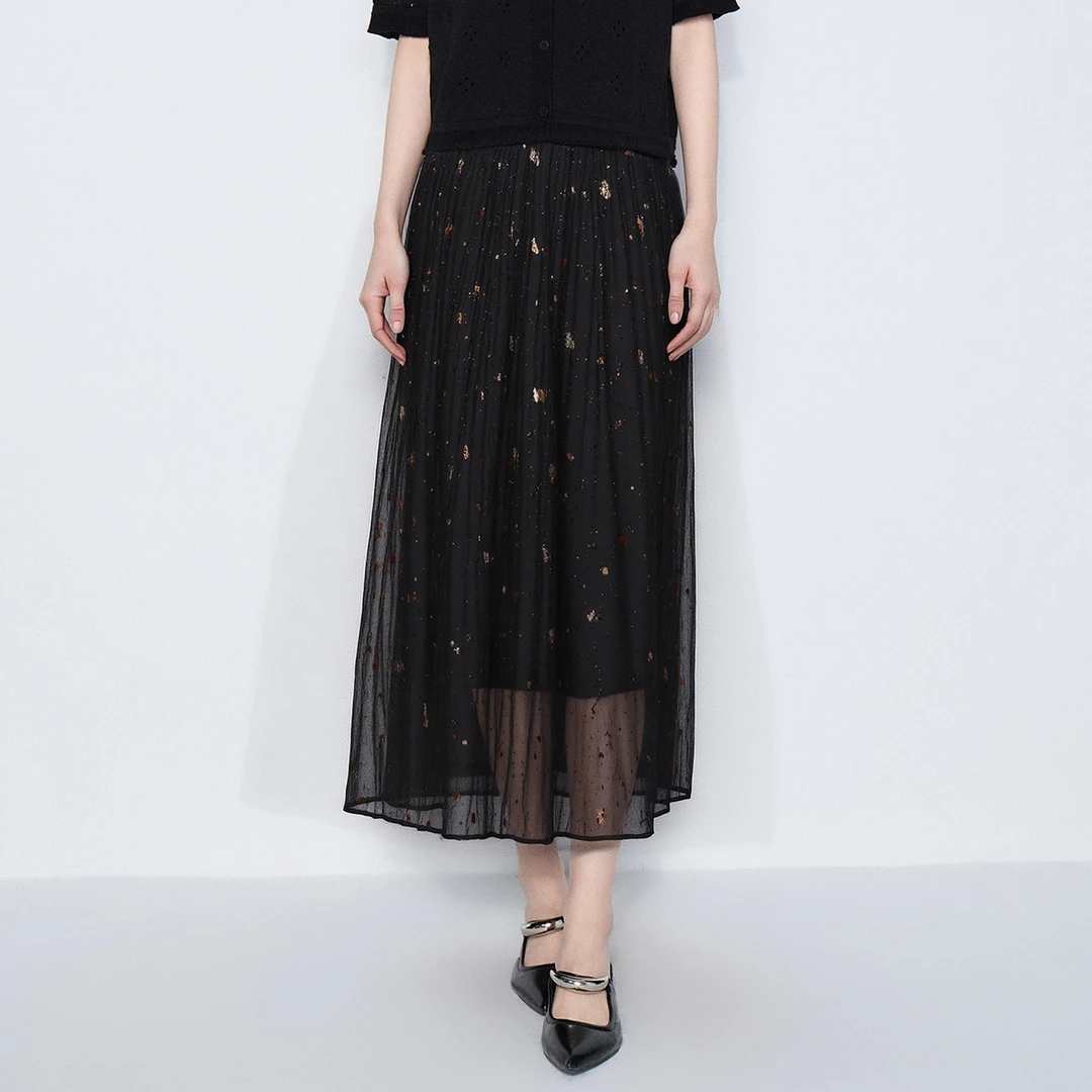 【福利专属】马天奴新款黑色印花高腰半身裙半裙子A字裙VHSA56SKA0