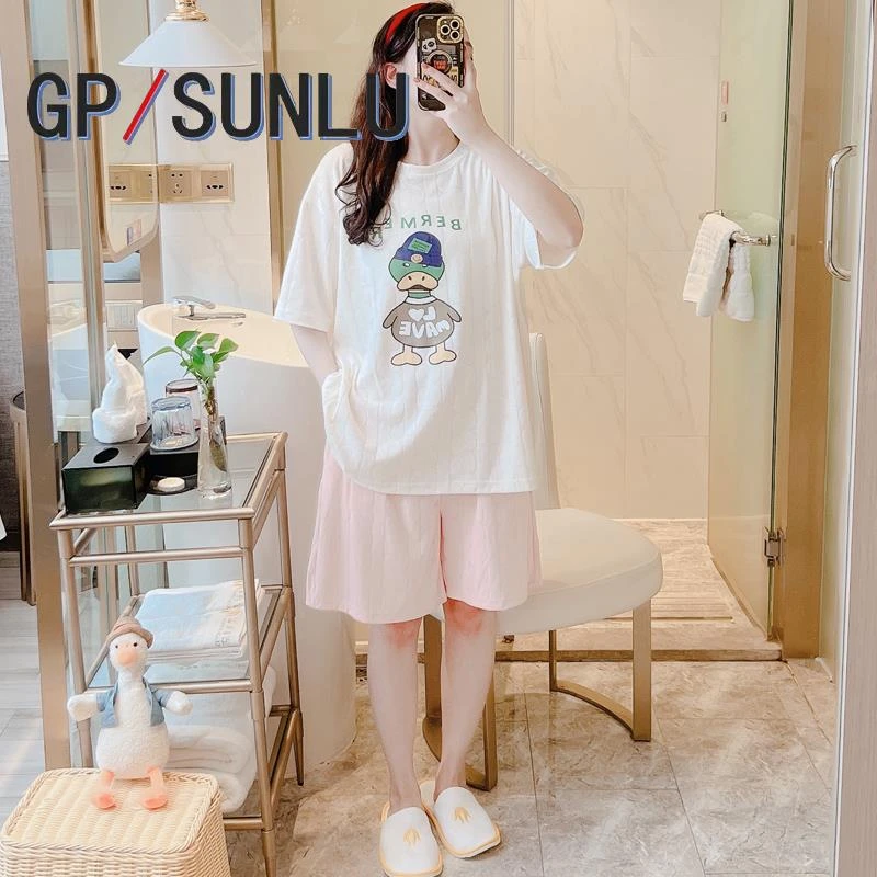 日本小众GP提花棉睡衣女短袖短裤夏季套头圆领卡通简约加大码家居