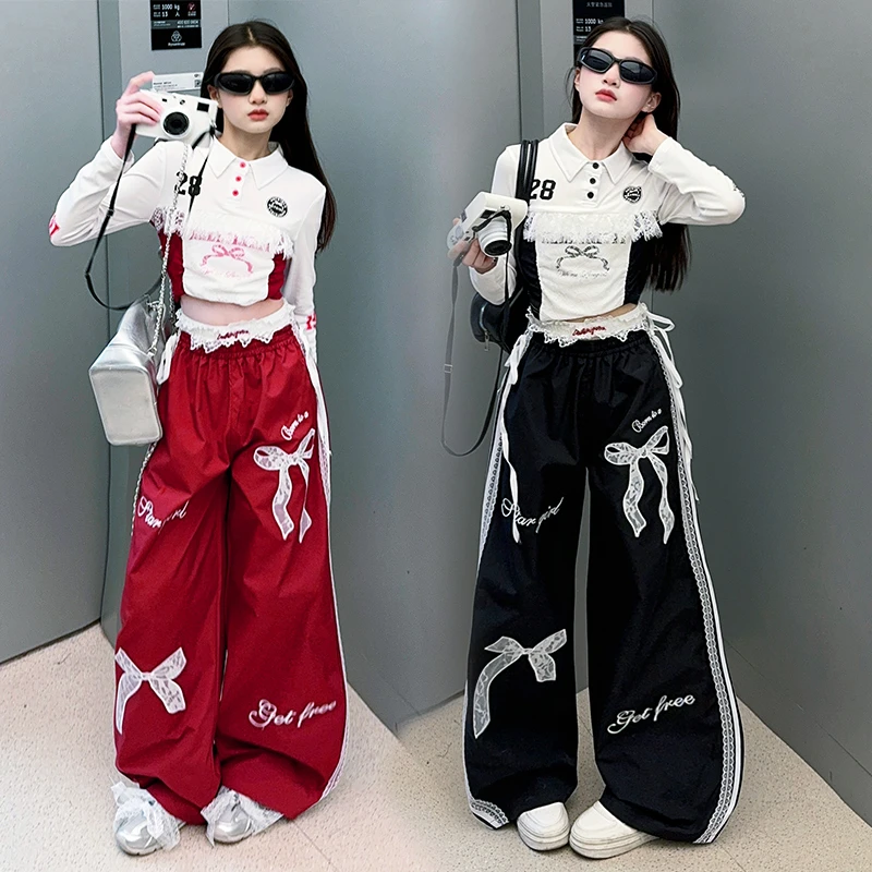 女童2025春秋蝴蝶结美式复古蕾丝街舞风松紧腰宽松直筒阔腿长裤潮