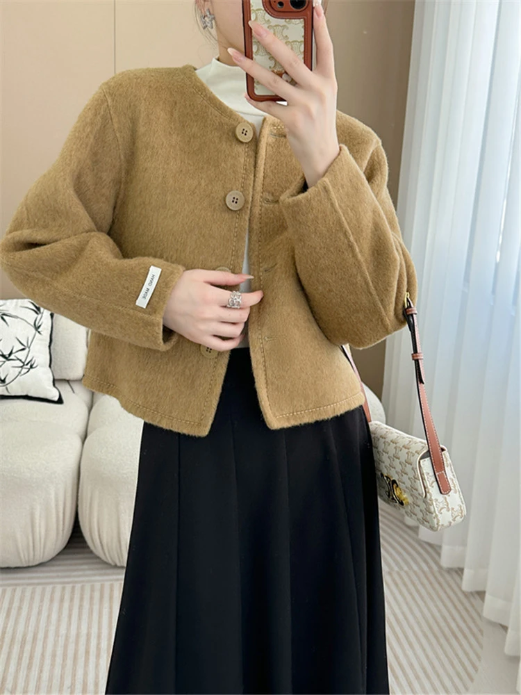 2025新款单排扣气质双面绵羊毛大衣女短款圆领小香风外套XKR22507
