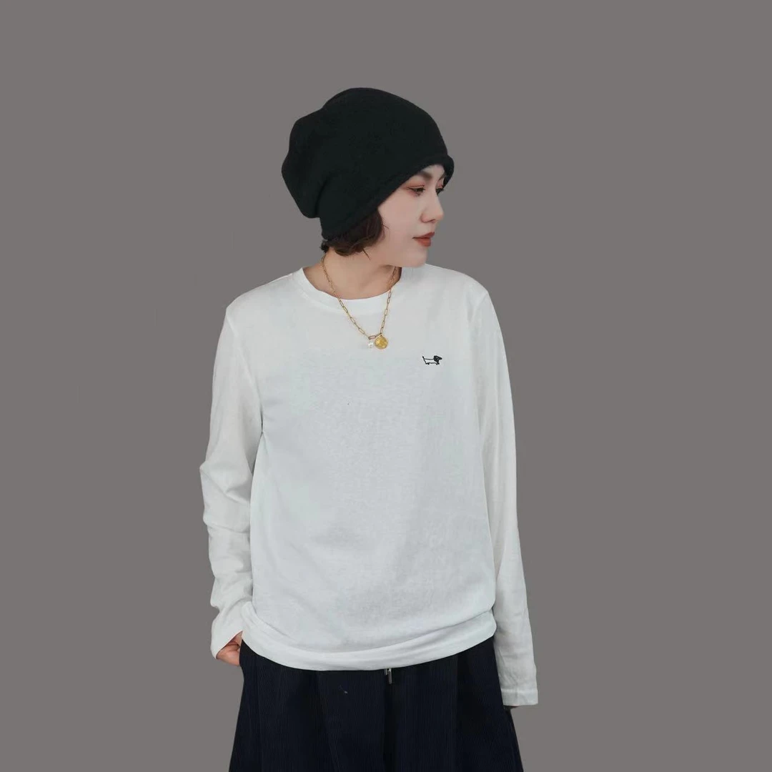 【1009】打底~小狗休闲简约刺绣长袖T恤女百搭设计感通勤长袖T恤