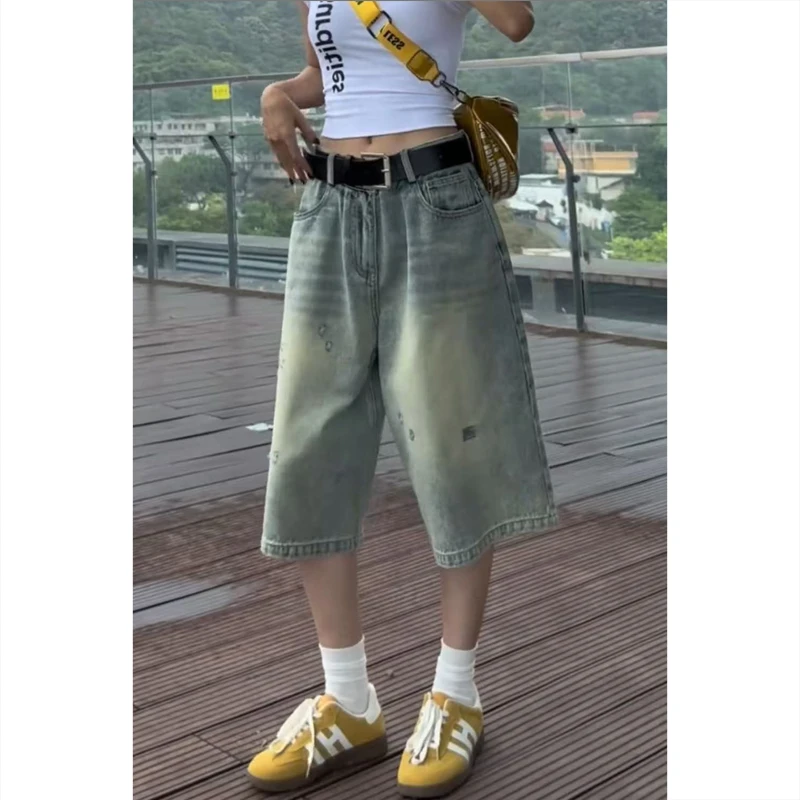 艾塔莉简约小众五分牛仔裤子女夏季新款显瘦破洞直筒七分阔腿裤