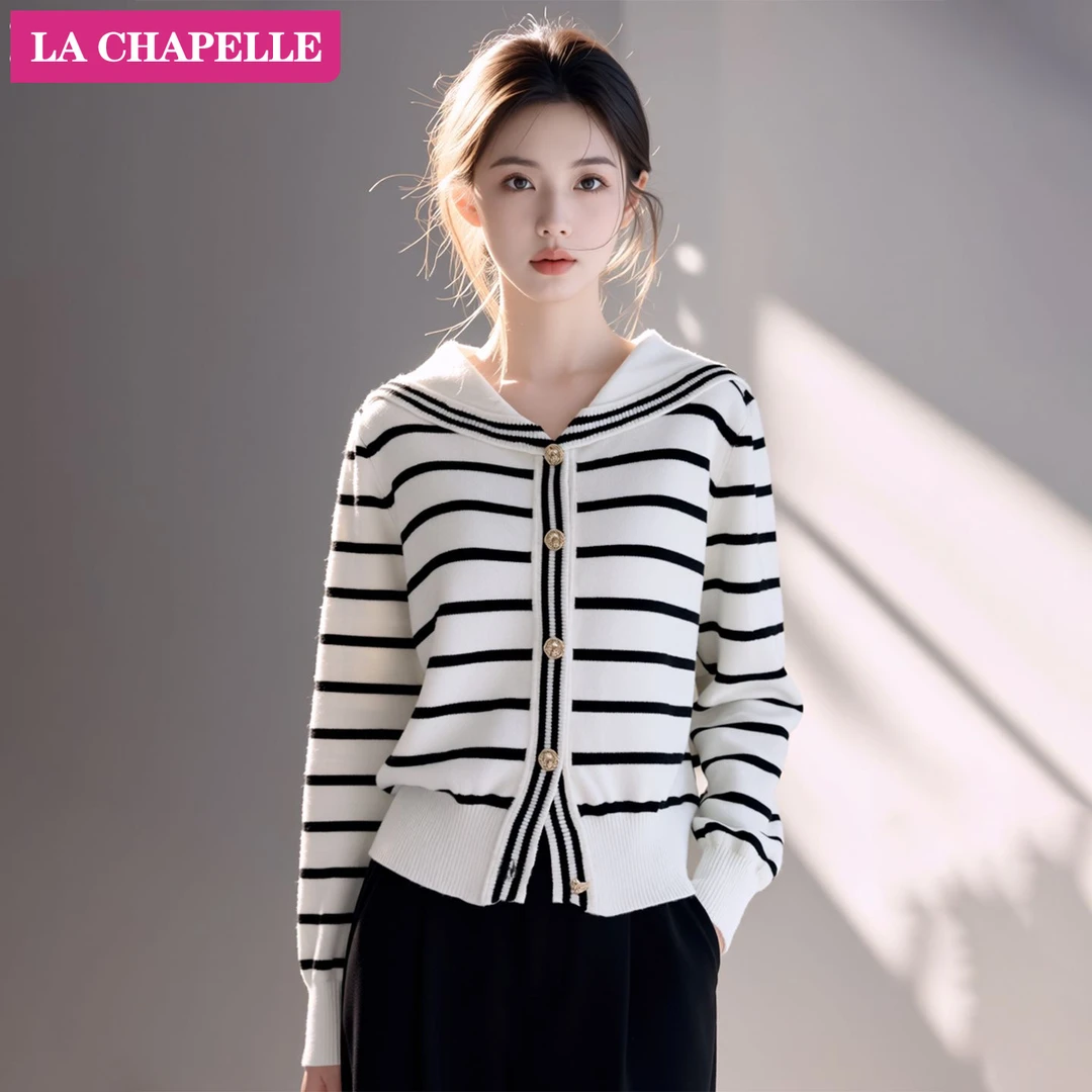拉夏贝尔小香风条纹海军领针织开衫女春秋冬新款时尚减龄打底毛衣