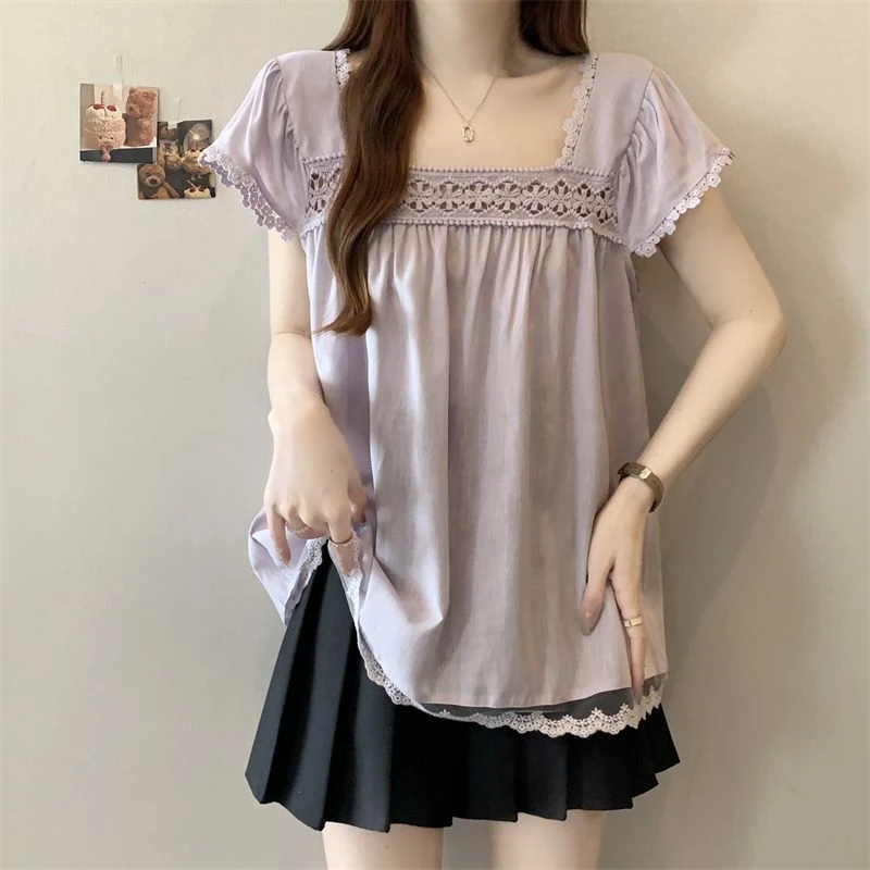 蕾丝镂空方领雪纺衫女装夏季大码胖mm遮肚娃娃衫超好看宽松上衣潮