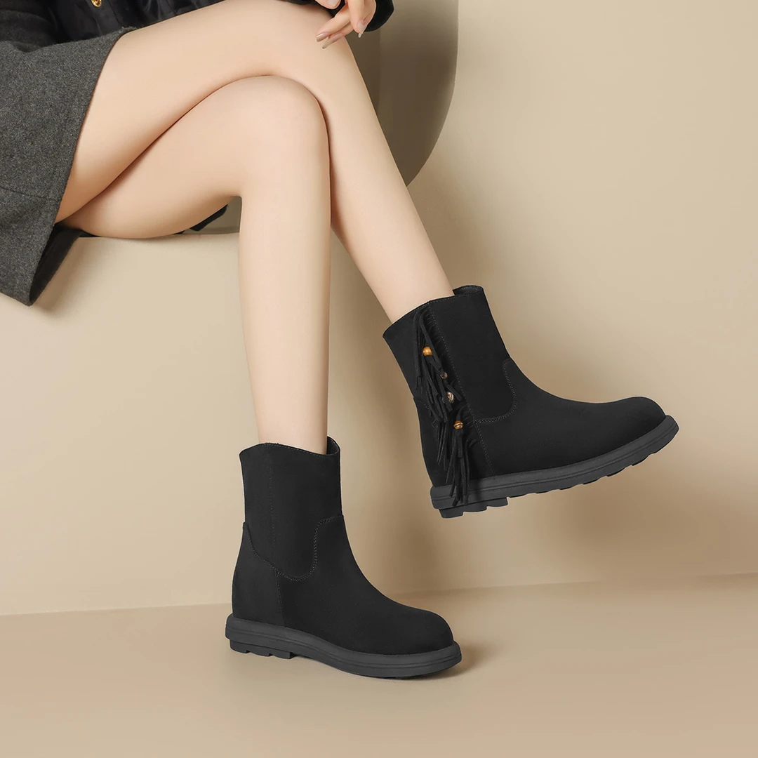 冬季防滑平跟短靴平底中筒靴女款时尚单靴中筒靴平底百搭厚底