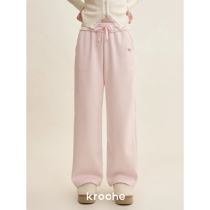 Kroche  奶油玫瑰 棉质加绒 抽绳高腰宽松直筒过冬加厚休闲裤