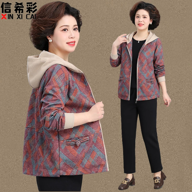 小个子妈妈装春装气质休闲外套中老年女春秋季夹克洋气格子上衣服