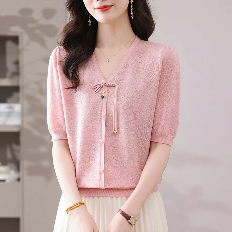 中式国风天丝上衣v领短袖t恤女装2025新款夏装洋气小衫气质针织衫