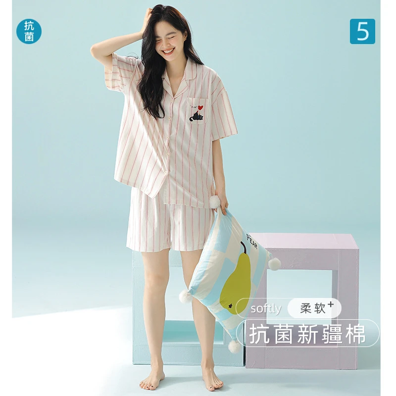 抗菌新疆棉7A类春夏季短袖短裤睡衣女纯棉韩版拉架棉薄款家居服秋