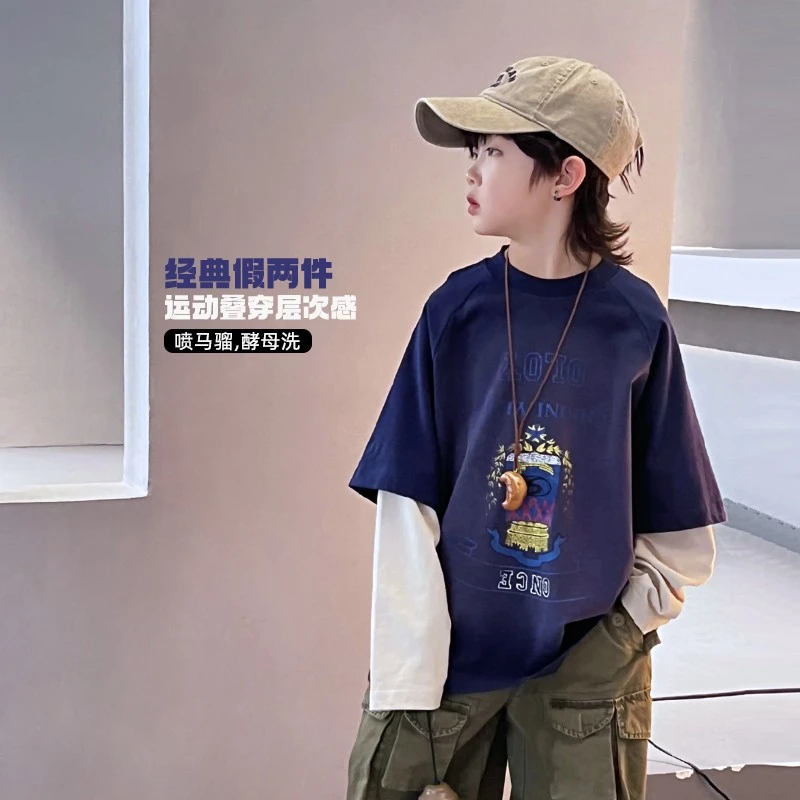 童装男童T恤长袖春季撞色假两件上衣百搭洋气中大童502291O2