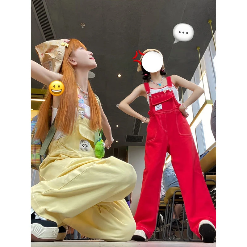 美式复古阔腿牛仔背带裤女宽松显瘦新款夏日多巴胺直筒长裤潮