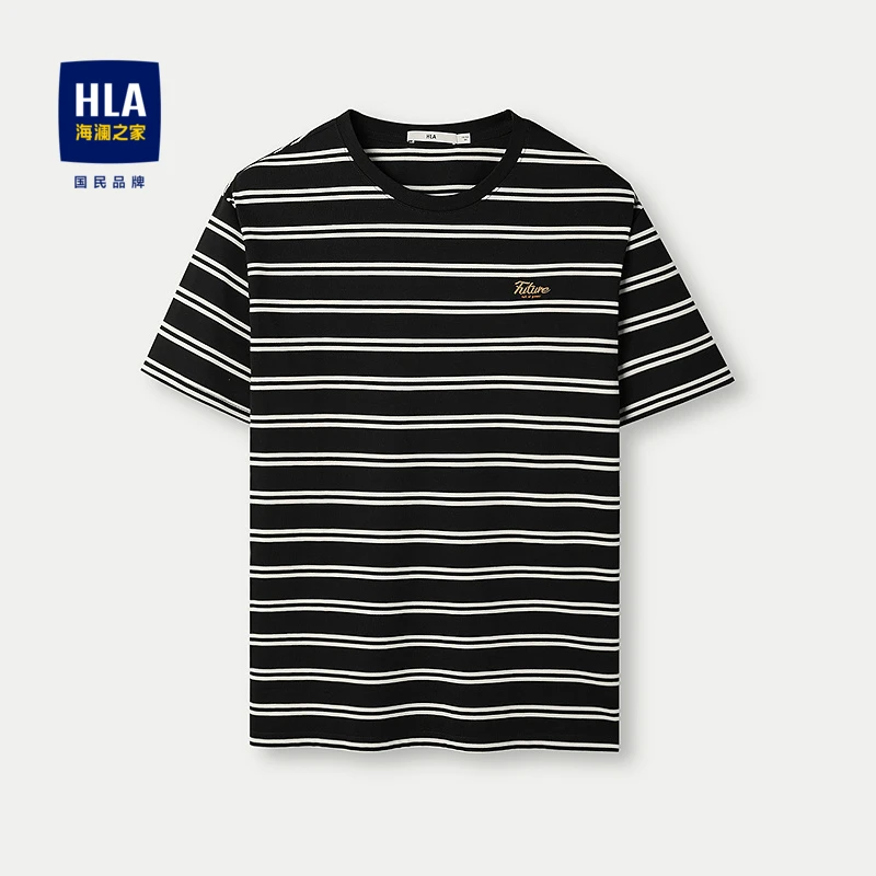 HLA/海澜之家易打理舒适弹力圆领条纹短袖T恤男冰爽休闲夏季透气