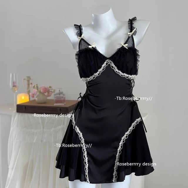 Roseberrrry夜曲 带胸垫蕾丝法式睡裙纯欲性感缎面显瘦家居服睡衣