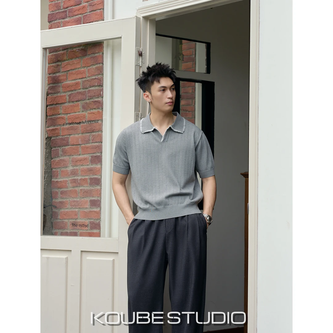 余乐「老钱风 海鸥领」肌理感提花针织POLO衫男撞色高级感短袖T恤