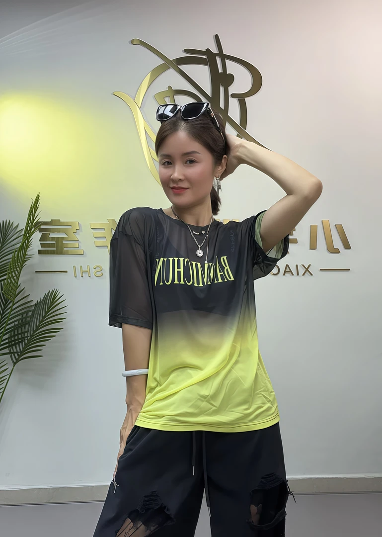 5188SCK网纱衫短袖女t恤夏季渐变色减龄半透明慵懒半袖上衣