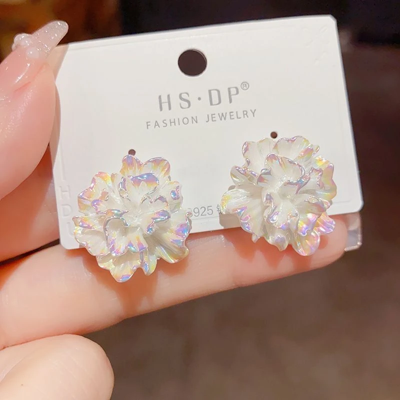合金耳饰 【月下煎茶】幻彩冰裂纹超仙花朵耳钉气质高级感耳环女