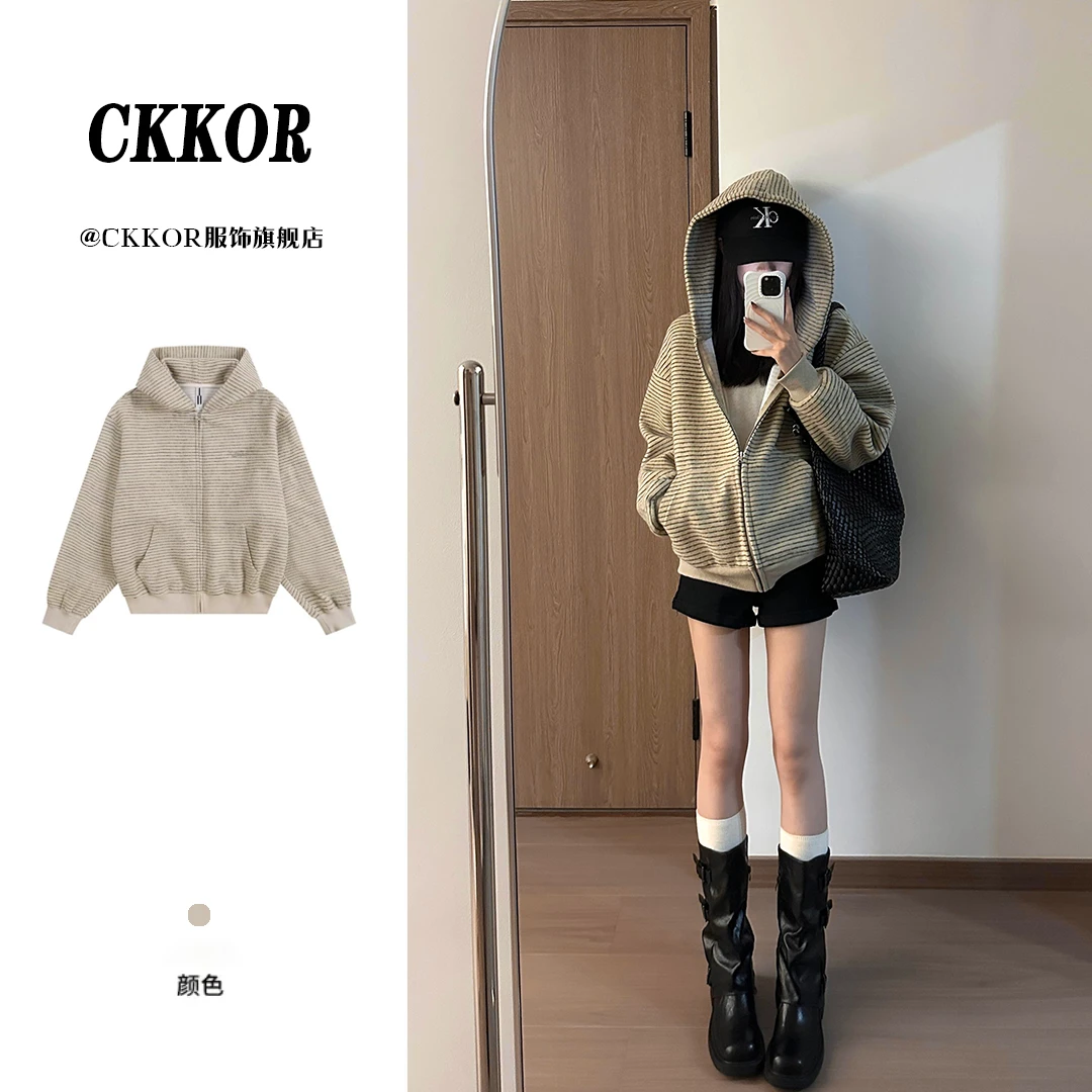 CKKOR美式复古条纹小众设计感开衫连帽卫衣秋冬新款慵懒风外套ins