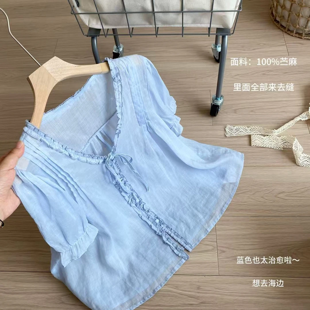 小柒家A0061-法式甜美蓝色百搭木耳边夏季v领绑带宽松短袖衬衣