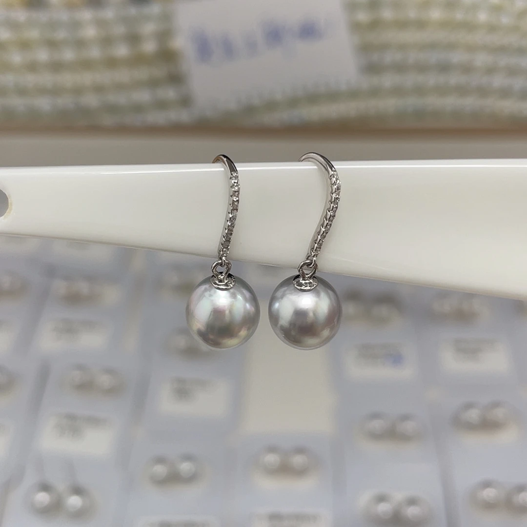 银S925镶嵌海水珍珠8-9澳白耳勾款极光