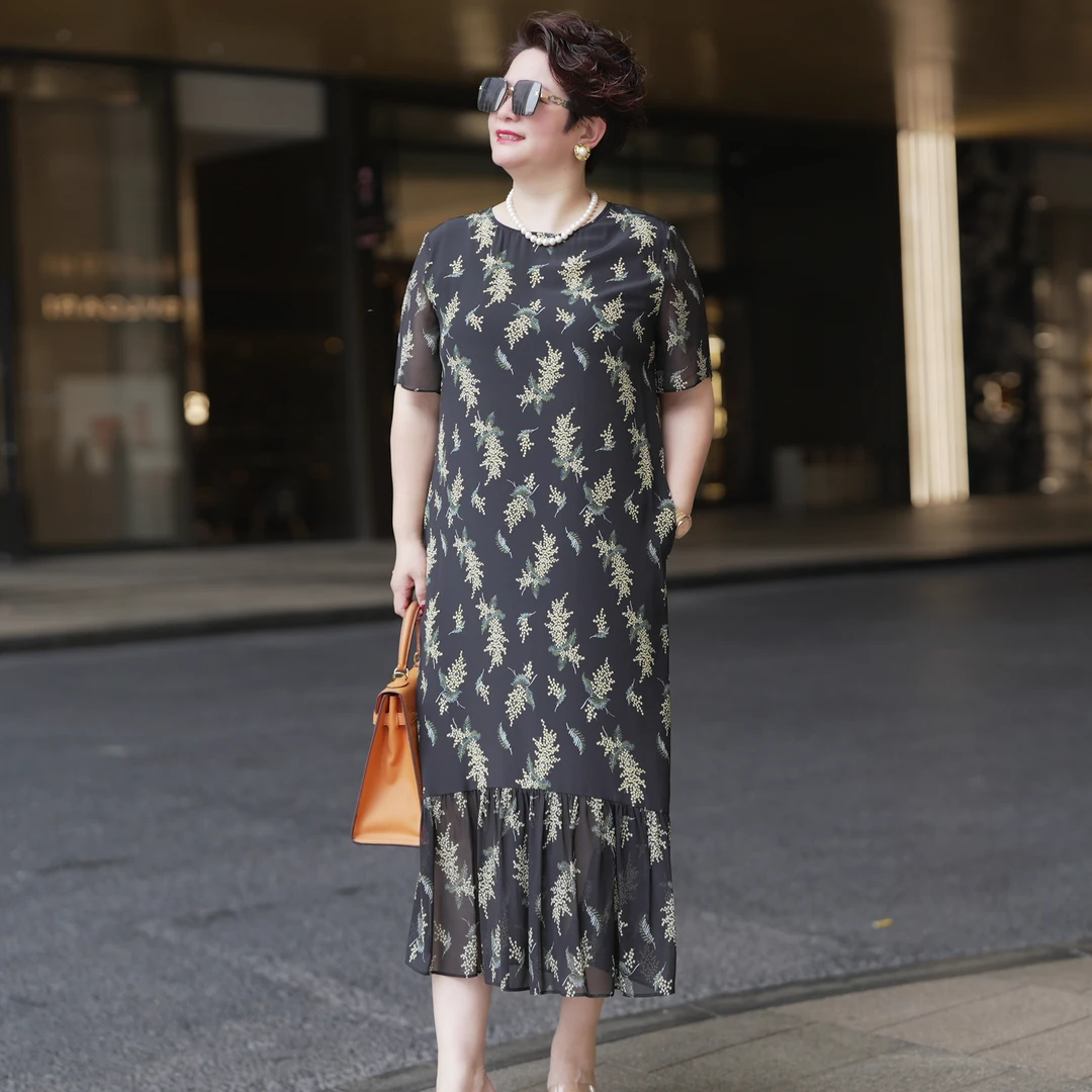2025夏季新款大码裙子清新植物印花真丝双绉花边摆连衣裙LYQ0281