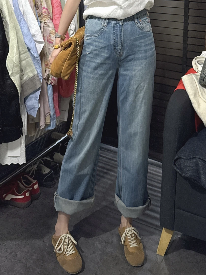 【思含】夏季百搭做旧磨破松紧腰直筒牛仔裤87995