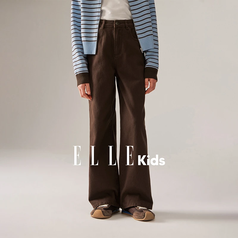 ELLE KIDS 可露丽牛仔长裤女童秋季新款复古直筒字母绣花裤子Q4