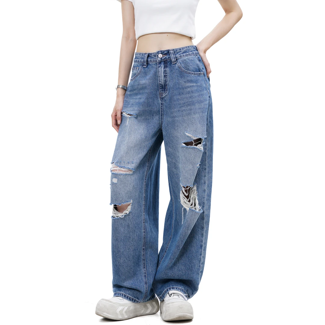 DIDI【幽破】夏季新款美式街头破洞水洗蓝中高腰宽松复古潮流直筒裤