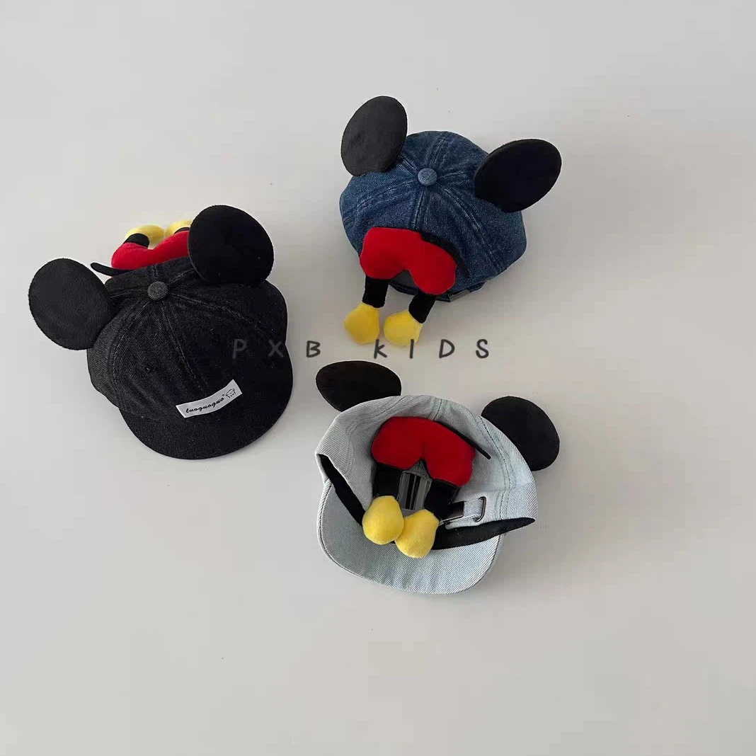 可爱米奇屁屁鸭舌帽婴幼儿洋气大耳朵蝴蝶结牛仔帽宝宝短檐遮阳帽