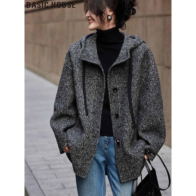Basic House/百家好双面羊毛外套复古宽松连帽毛呢上衣女2025冬季