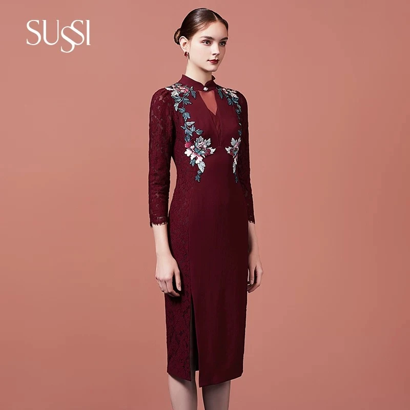 SUSSI/古色秋季丝路长安商场同款酒红色长袖复古连衣裙