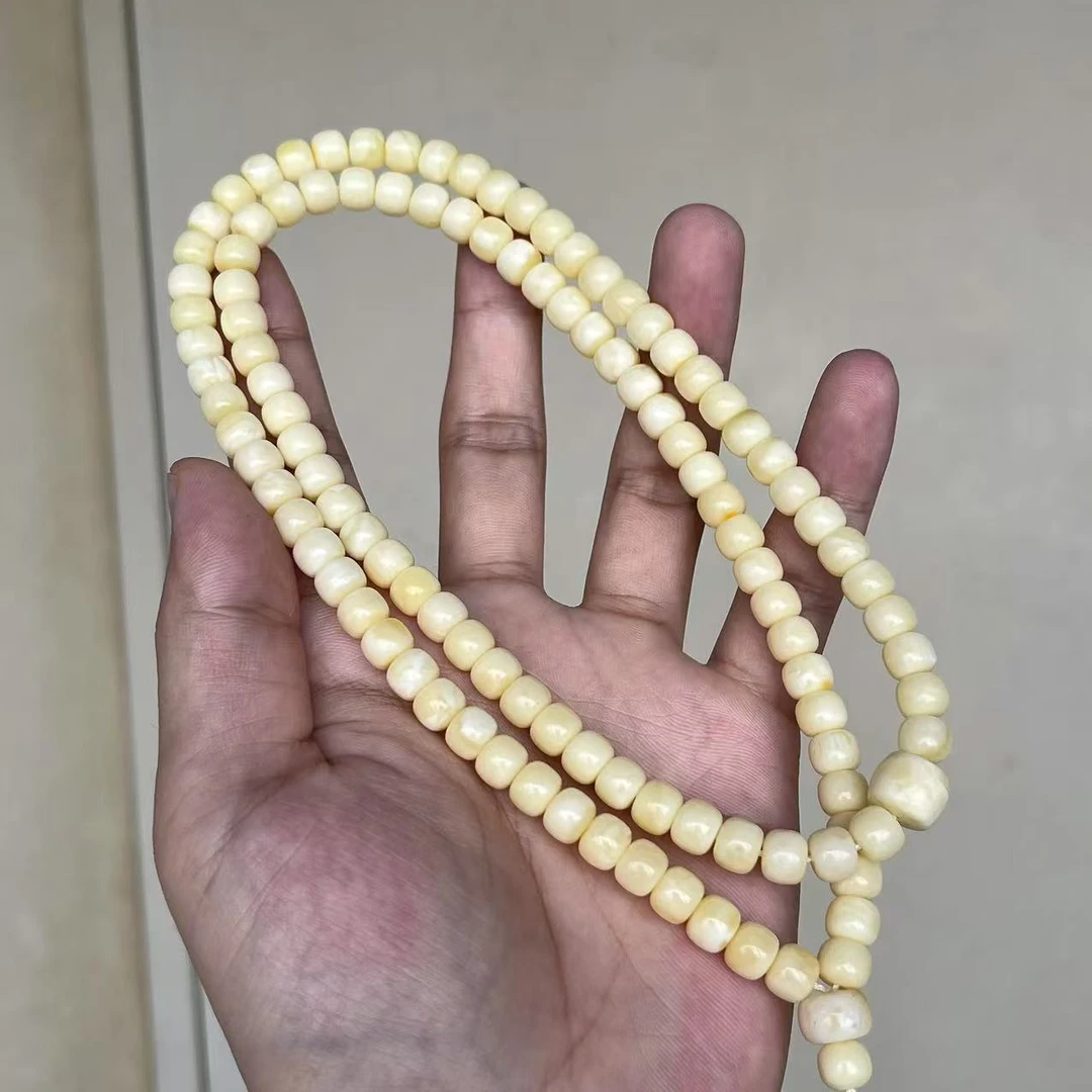 7+天然原矿无优化保真俄料白蜜蜡精工老型佛珠项链男女通用28.9克