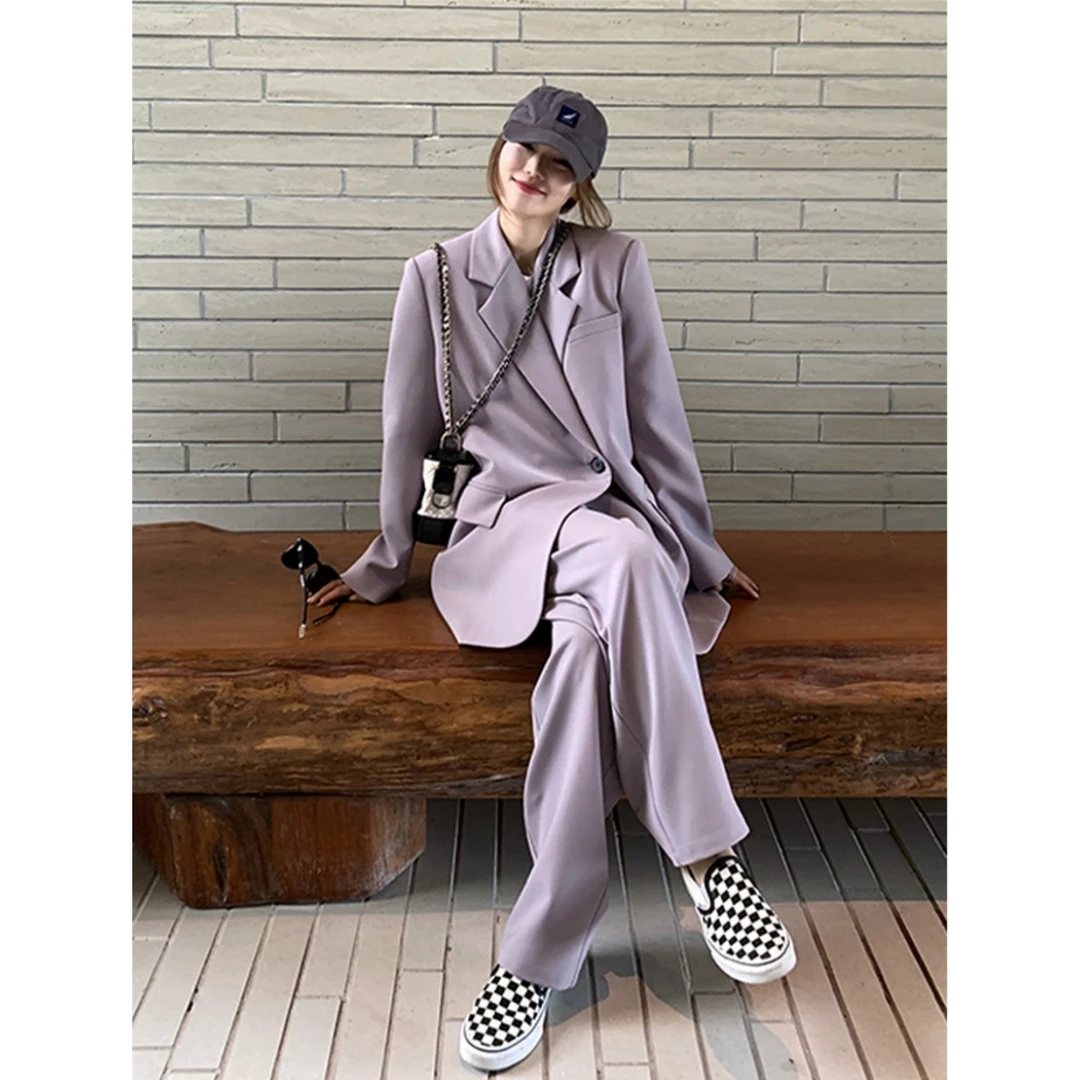 老钱风松弛感女装西服套装女秋季时尚洋气西装外套长裤紫色两件套