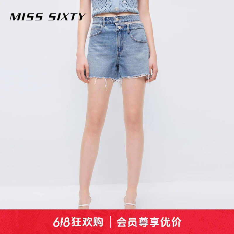 MissSixty夏百搭弹力牛仔裤直筒镂空设计感女士高腰短裤丹宁风