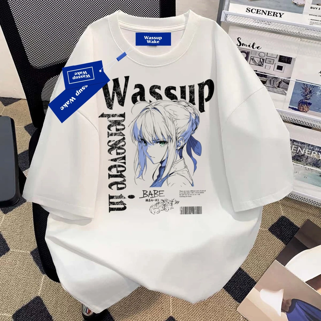WASSUP WAKE美式手绘漫画少女印花短袖T恤男女夏季宽松版型上衣潮