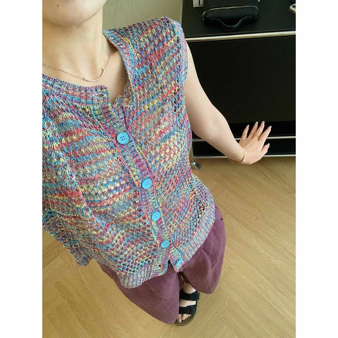 大叮自制清仓 定纺多巴胺彩纱勾花镂空针织背心开衫马甲！S5193
